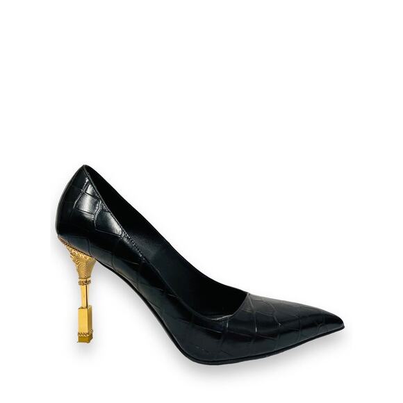 Balmain Shoes - BALMAIN Black Leather Croc-Embossed MONETA Pointed Gold Heel Pumps 39 US 9